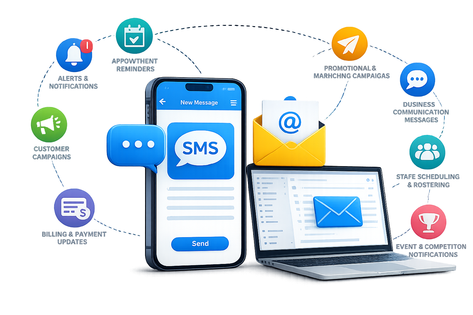Creative SMS and email communication services illustration with smartphone, laptop, notifications, and digital messaging icons