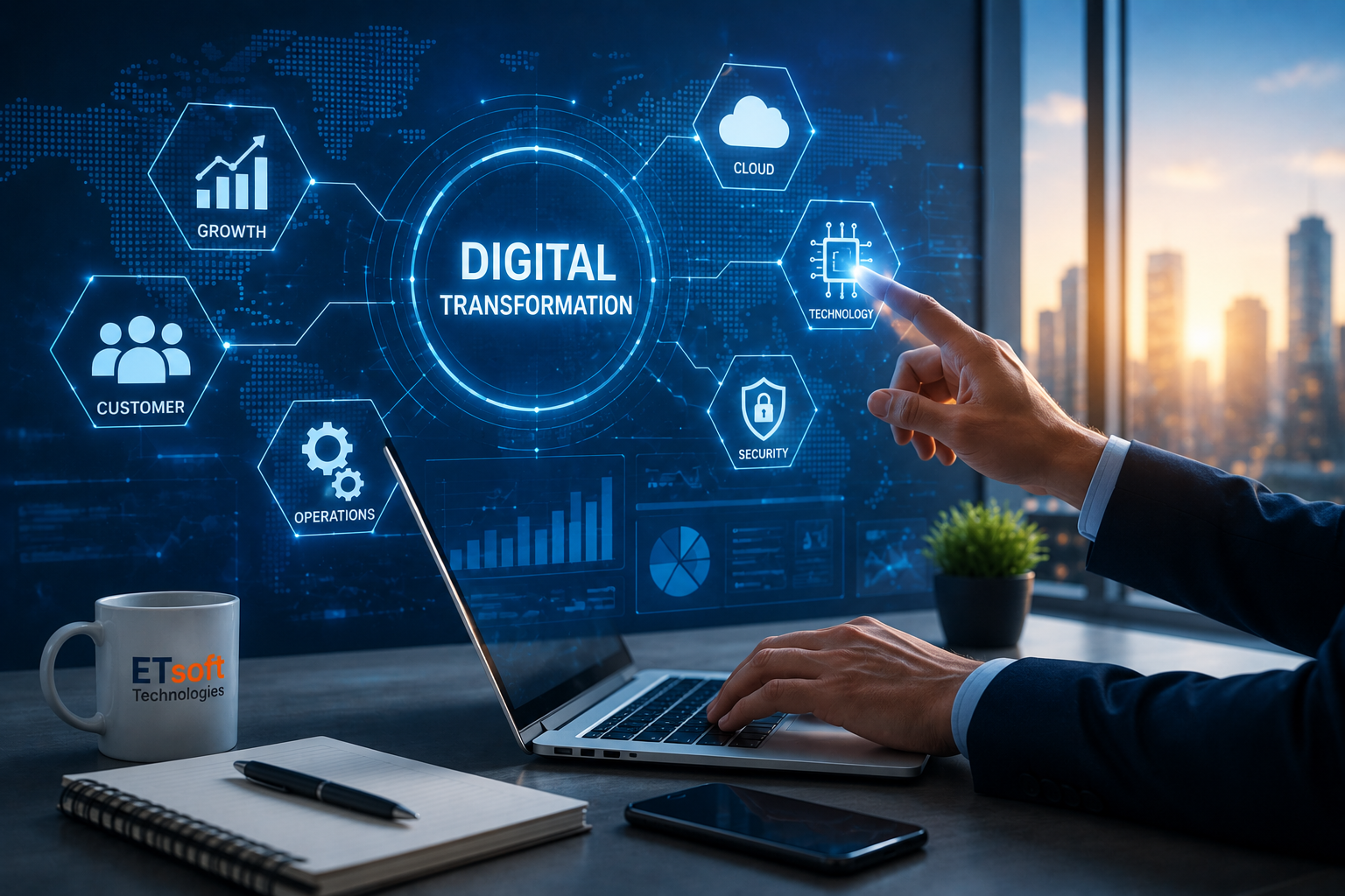 Businessman using digital transformation technology interface with cloud and analytics